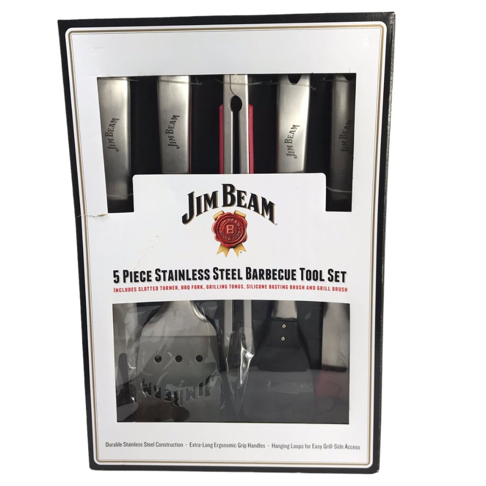 New NWT in Box JIM BEAM 5 Piece Stainless Steel Barbecue BBQ Tool Set.  Spatula